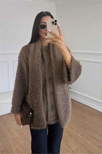 FULARLI PELUŞ KISA KABAN - KAHVE