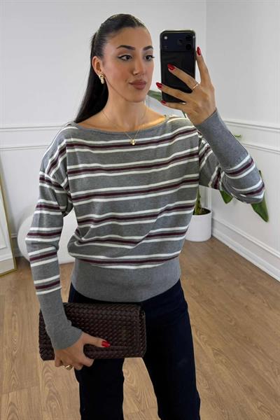 GRİ BORDO TEK OMZU AÇIK  ÇİZGİLİ TRİKO - BORDO