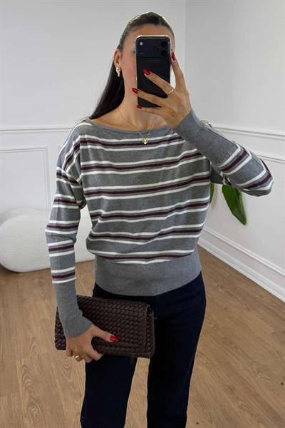 GRİ BORDO TEK OMZU AÇIK  ÇİZGİLİ TRİKO - BORDO