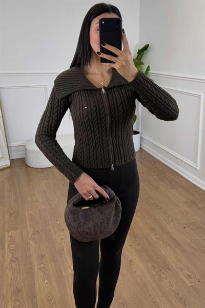 TMY FERMUARLI SAÇ ÖRGÜLÜ KAZAK - ACI KAHVE
