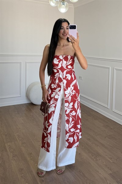 YIRTMAÇLI UZUN KIRMIZI BLUZ PANTOLON TAKIM 