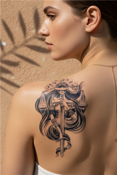 Adalet Tanrıçası, Kılıç ve Terazi Detaylı Mistik Tattoo - Yarı Kalıcı / 1 Ay Kalıcı