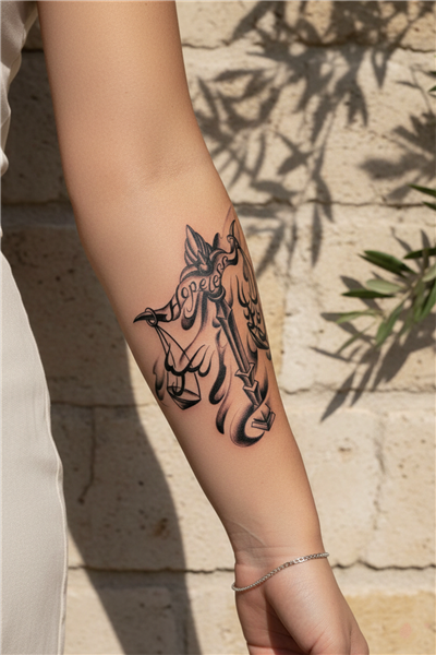 Adalet Terazisi ve Kaligrafik Yazı Detaylı Mistik Tattoo - Yarı Kalıcı / 1 Ay Kalıcı