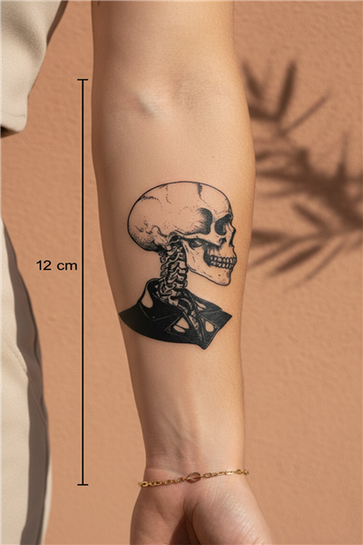 Anatomik Kafatası ve Omurga Yarı Kalıcı Dövme / 1 Ay Kalıcı - Sanatsal Gotik Temalı Geçici Dövme