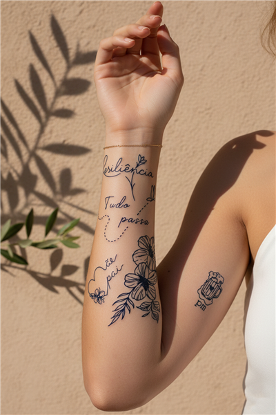 Anlamlı El Yazısı Mesajlar ve Floral Figürlü Minimalist Set Tattoo - Yarı Kalıcı / 1 Ay Kalıcı