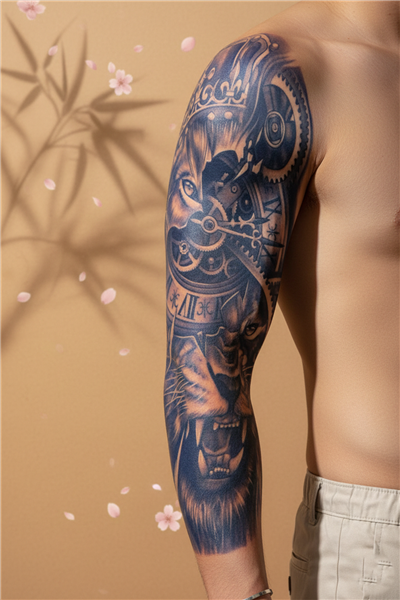 Aslan Kral, Mekanik Saat ve Dişli Motifli Tam Kol Kaplama Tattoo - Yarı Kalıcı / 1 Ay Kalıcı