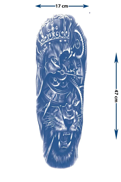 Aslan Kral, Mekanik Saat ve Dişli Motifli Tam Kol Kaplama Tattoo - Yarı Kalıcı / 1 Ay Kalıcı