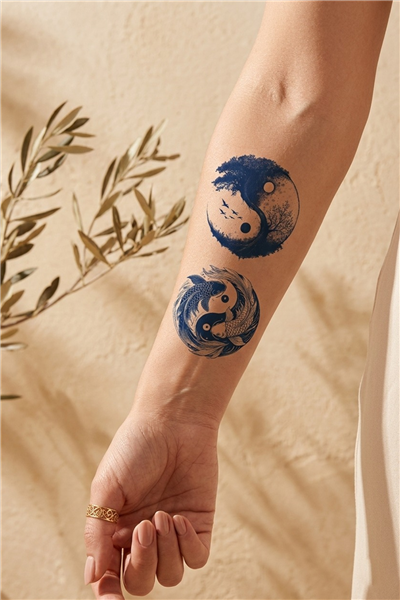 Aslan ve Anka Kuşu Yin Yang Yarı Kalıcı Dövme / 1 Ay Kalıcı - Güç ve Yeniden Doğuş Temalı Geçici Dövme