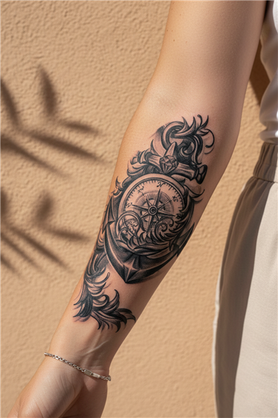 Barok Tarzı Pusula ve Görkemli Çapa Dövmesi - Yarı Kalıcı / 1 Ay Kalıcı Tattoo