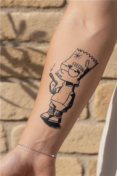 Bart Simpson Freedom Temalı Yarı Kalıcı Dövme / 1 Ay Kalıcı - Graffiti ve Pop Art Geçici Dövme