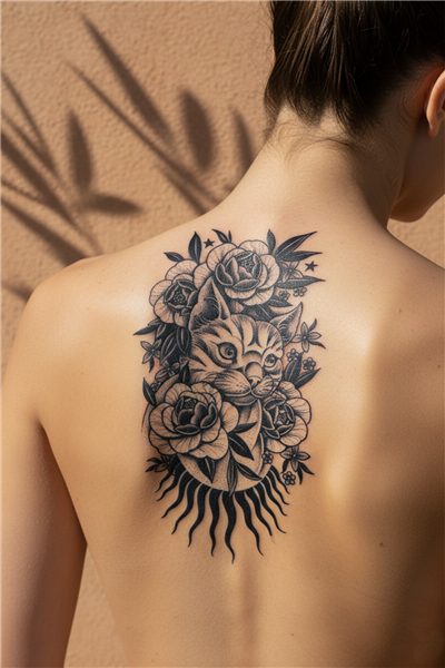 Çiçek Buketi ve Yıldız Detaylı Mistik Kedi Tattoo - Yarı Kalıcı / 1 Ay Kalıcı
