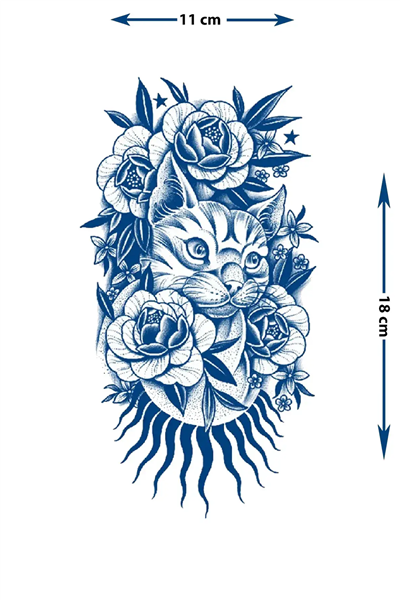 Çiçek Buketi ve Yıldız Detaylı Mistik Kedi Tattoo - Yarı Kalıcı / 1 Ay Kalıcı