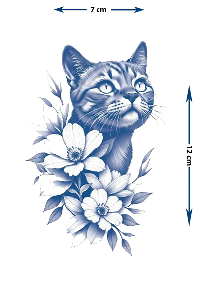 Çiçekli Kedi Portresi Yarı Kalıcı Dövme / 1 Ay Kalıcı - Sanatsal ve Estetik Geçici Kedi Dövmesi