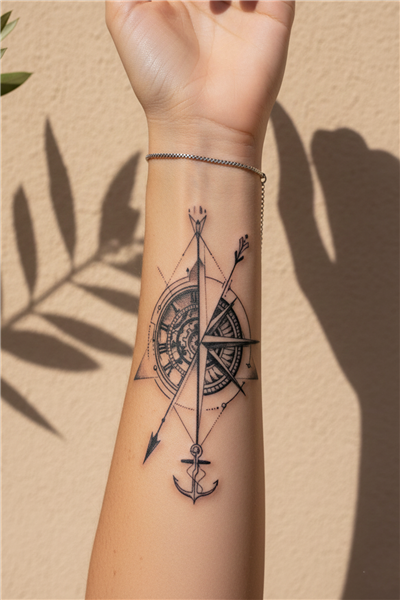 Denizci Pusulası, Çapa ve Saat Temalı Dövme - Yarı Kalıcı / 1 Ay Kalıcı Tattoo