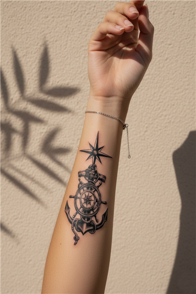Denizci Pusulası ve Çapa Detaylı Dümen Dövmesi - Yarı Kalıcı / 1 Ay Kalıcı Tattoo