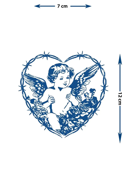 Dikenli Tel Kalp İçinde Melek Yarı Kalıcı Dövme / 1 Ay Kalıcı - Gotik Romantizm ve Cupid Temalı Geçici Dövme