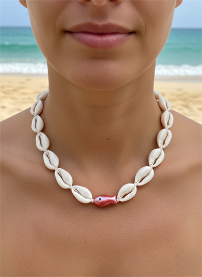 Doğal Deniz Kabuğu Kolye Balık Figürlü Nazar Boncuklu Choker Bohem Kolye
