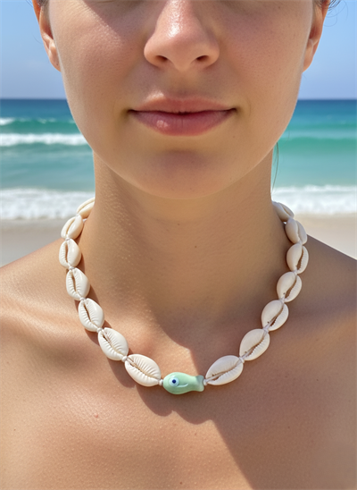 Doğal Deniz Kabuğu Kolye Balık Figürlü Nazar Boncuklu Choker Bohem Kolye