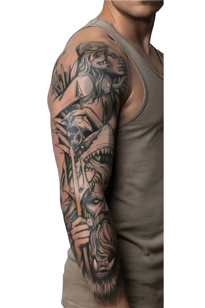 Poseidon & Medusa Efsane Sleeve Geçici Dövme | 17x48 cm Okyanus Mitolojisi