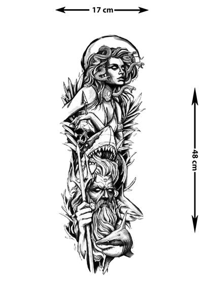 Poseidon & Medusa Efsane Sleeve Geçici Dövme | 17x48 cm Okyanus Mitolojisi