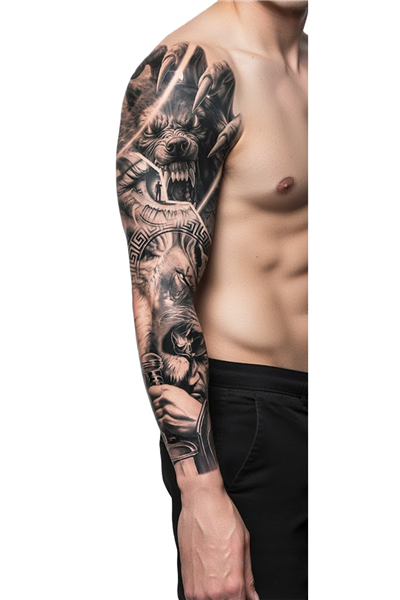 Vahşi Kurt Aslan Sleeve Geçici Dövme | Pençe Pençe Yunan Motif Epik Tasarım