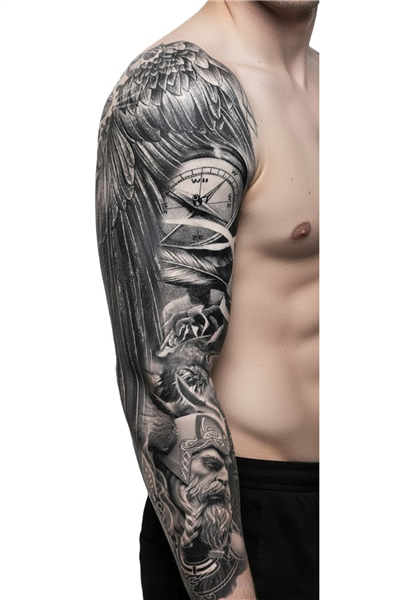 Viking Odin Sleeve Geçici Dövme | Kartal Kuzgun Pusula Epik Tasarım