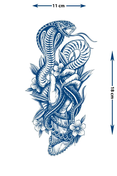 Ele Dolanmış Kobra, Tesbih ve Çiçek Detaylı Sanatsal Tattoo - Yarı Kalıcı / 1 Ay Kalıcı