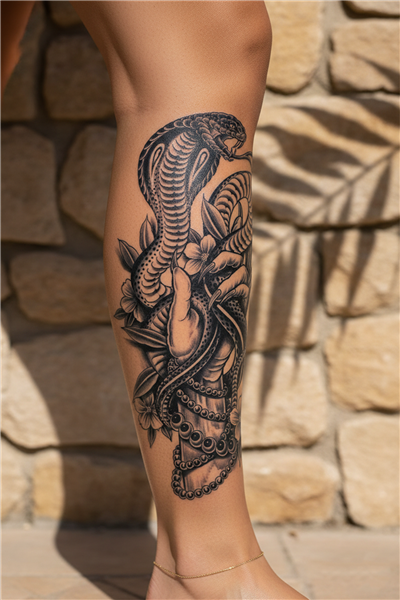 Ele Dolanmış Kobra, Tesbih ve Çiçek Detaylı Sanatsal Tattoo - Yarı Kalıcı / 1 Ay Kalıcı
