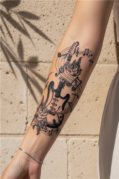 Elektro Gitar ve Melodik Güller Dövmesi - Yarı Kalıcı / 1 Ay Kalıcı Tattoo