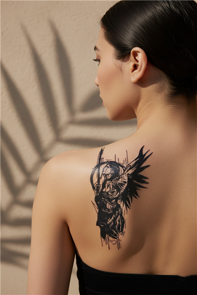 Eskiz Stil Savaşçı Melek ve Kılıç Detaylı Sanatsal Tattoo - Yarı Kalıcı / 1 Ay Kalıcı