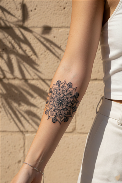 Etnik Mandala ve Geometrik Çiçek Motifli Sanatsal Vücut Dövmesi - 1 Ay Kalıcı / Yarı Kalıcı