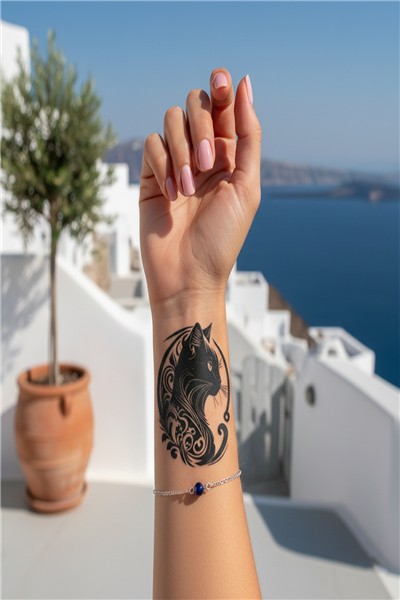 Etnik ve Tribal Kedi Yarı Kalıcı Dövme / 1 Ay Kalıcı - Sanatsal ve Spiritüel Kedi Figürlü Geçici Dövme