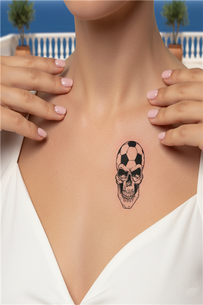 Futbol Topu Detaylı Kuru Kafa Yarı Kalıcı Dövme / 1 Ay Kalıcı - Fanatik ve Gotik Temalı Geçici Dövme