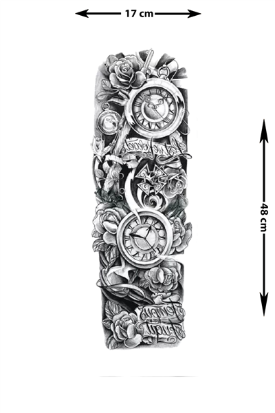 Geçici Kol Kaplama Dövme – Saat ve Gül Motifleriyle Zamanın Güzelliklerini Keşfedin!