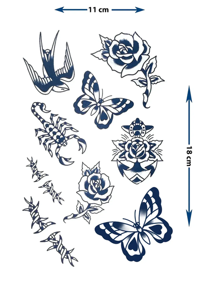 Geleneksel Patchwork Stil Gül, Kelebek ve Akrep Karma Tattoo Seti - Yarı Kalıcı / 1 Ay Kalıcı