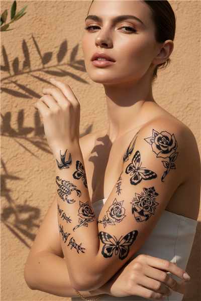 Geleneksel Patchwork Stil Gül, Kelebek ve Akrep Karma Tattoo Seti - Yarı Kalıcı / 1 Ay Kalıcı
