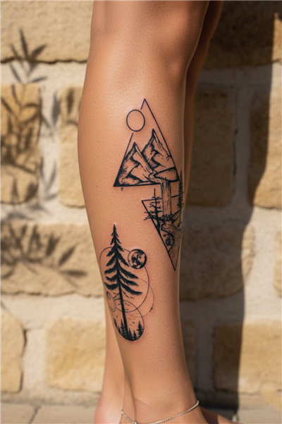 Geometrik Dağ ve Çam Ormanı Dövme - Yarı Kalıcı / 1 Ay Kalıcı Tattoo