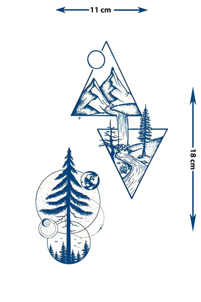 Geometrik Dağ ve Çam Ormanı Dövme - Yarı Kalıcı / 1 Ay Kalıcı Tattoo
