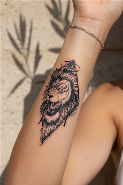 Geometrik Kükreyen Aslan Dövmesi - Yarı Kalıcı / 1 Ay Kalıcı Tattoo