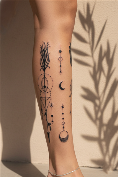 Geometrik Ok ve Hilal Detaylı Kozmik Dövme - Yarı Kalıcı / 1 Ay Kalıcı Tattoo