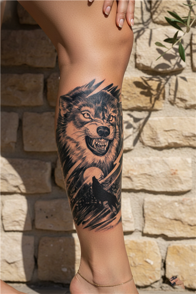 Gerçekçi Kurt Portresi ve Ay Işığı Silüetli Sanatsal Tattoo - Yarı Kalıcı / 1 Ay Kalıcı