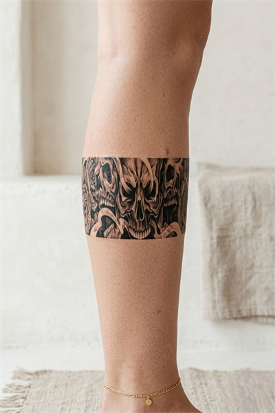 Gerçekçi Kuru Kafa Şerit Yarı Kalıcı Dövme / 1 Ay Kalıcı - Gotik ve Dark Art Desenli Geçici Bacak Dövmesi