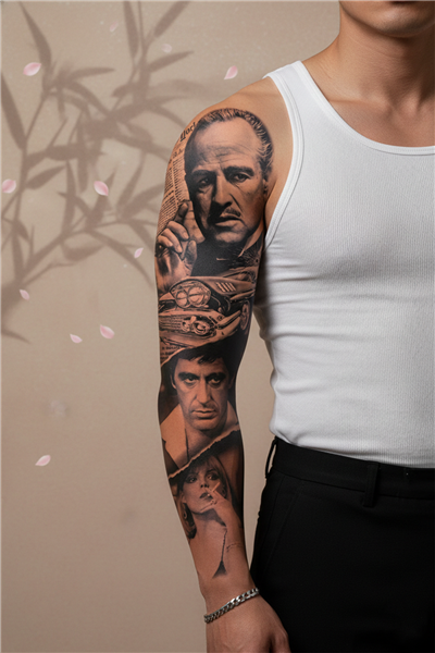 Godfather ve Scarface Portreli Tam Kol Kaplama Tattoo - Yarı Kalıcı / 1 Ay Kalıcı
