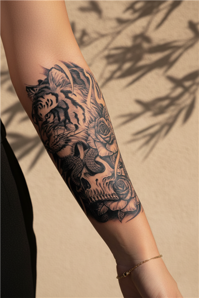 Görkemli Kaplan, Kuru Kafa ve Yılan Detaylı Gotik Tattoo - Yarı Kalıcı / 1 Ay Kalıcı