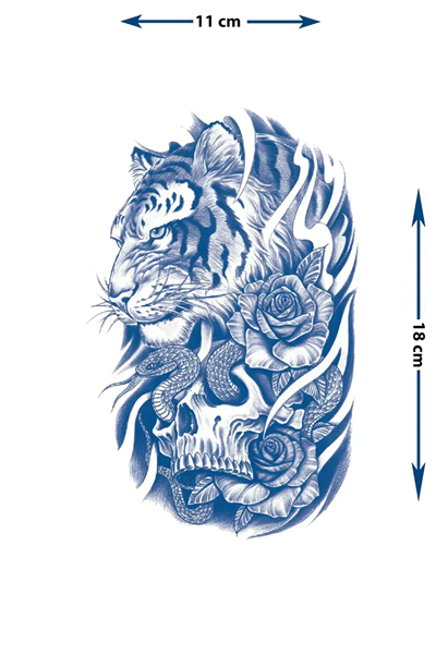 Görkemli Kaplan, Kuru Kafa ve Yılan Detaylı Gotik Tattoo - Yarı Kalıcı / 1 Ay Kalıcı