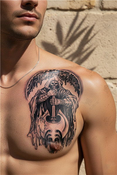 Gotik Azrail ve Dev Savaş Baltası Dövmesi - Yarı Kalıcı / 1 Ay Kalıcı Tattoo