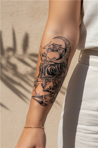 Gotik Gül ve Koruyucu Akrep Detaylı Mistik Tattoo - Yarı Kalıcı / 1 Ay Kalıcı