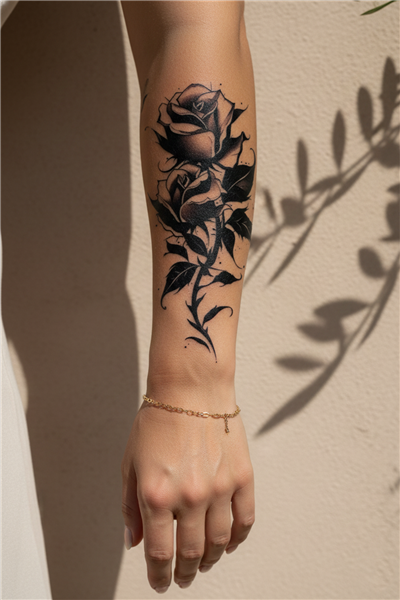 Gotik İkili Gül ve Keskin Dikenli Dal Detaylı Sanatsal Tattoo - Yarı Kalıcı / 1 Ay Kalıcı