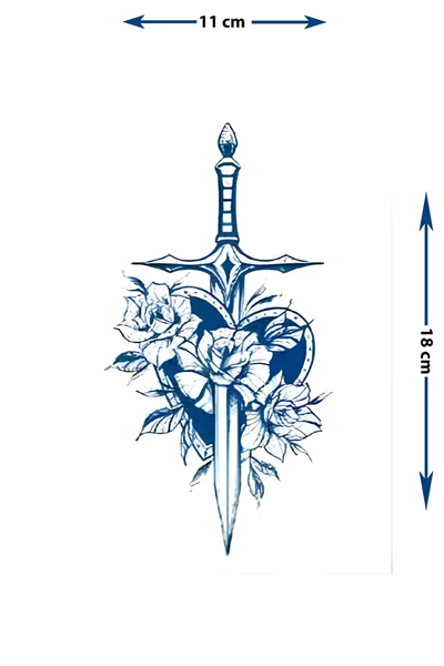 Gül Sarılı Kılıç ve Kalp Figürlü Dövme - Yarı Kalıcı / 1 Ay Kalıcı Tattoo