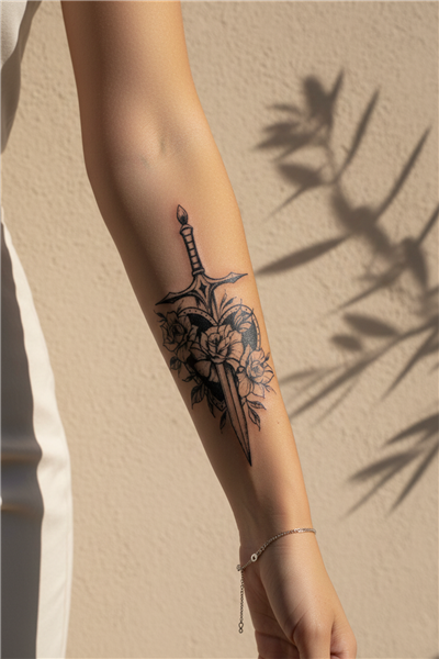 Gül Sarılı Kılıç ve Kalp Figürlü Dövme - Yarı Kalıcı / 1 Ay Kalıcı Tattoo